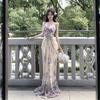 Pure and sensual purple tie-dye floral spaghetti strap dress, women's mesh long dress, seaside vacation style