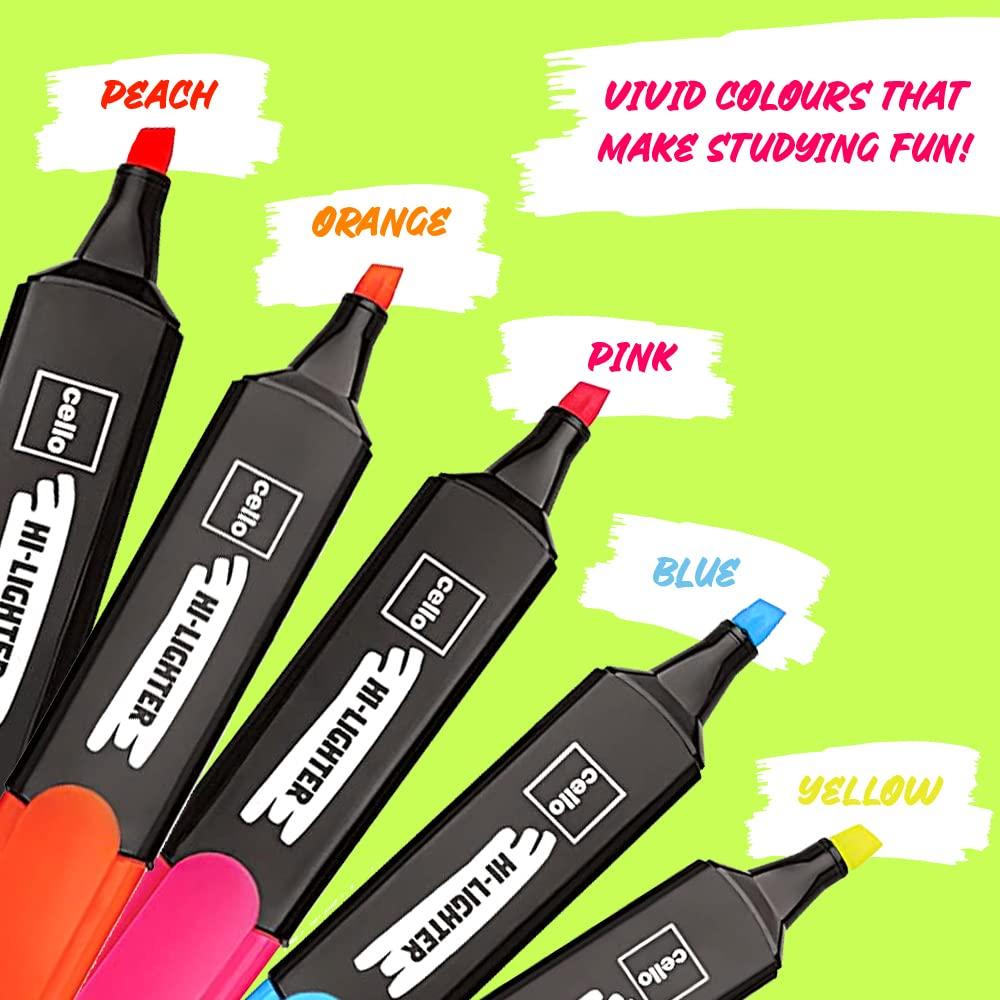 CELLO Highlighter Pack Of 1 X 5 Multicolor Chisel Tip Fluorescent Ink Markers For Office School Study Notes And Documents