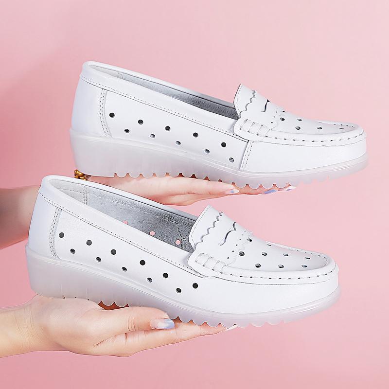 Fashion Leather Air Cushion Nurse Shoes for Women Spring and Summer New Soft Soled Breathable Flat Soled White  Shoes