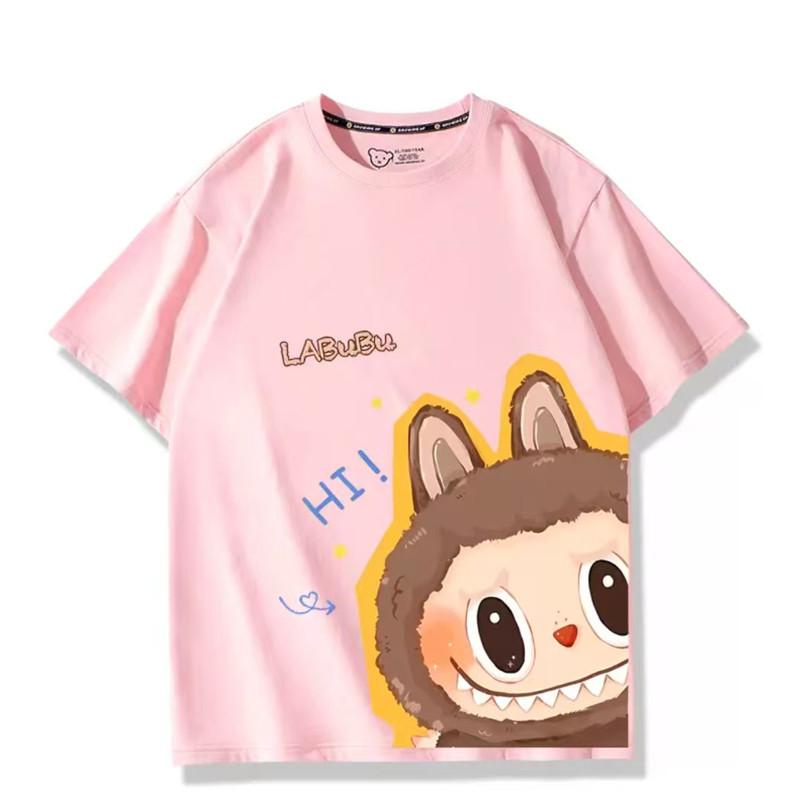 Women's Cotching Cute Cartoon Labubu Anime Printed Round Neck Women's Short Sleeve T-shirt Loose Summer Casual Couple Top