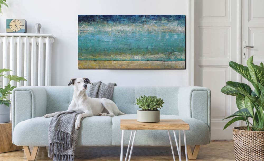 BWA Painting Interior Varnished Wall Art 100cm x 50cm Art Panel Art Board Nordic Ocean Blue Oil Painting Abstract (Waterfront no. 2)