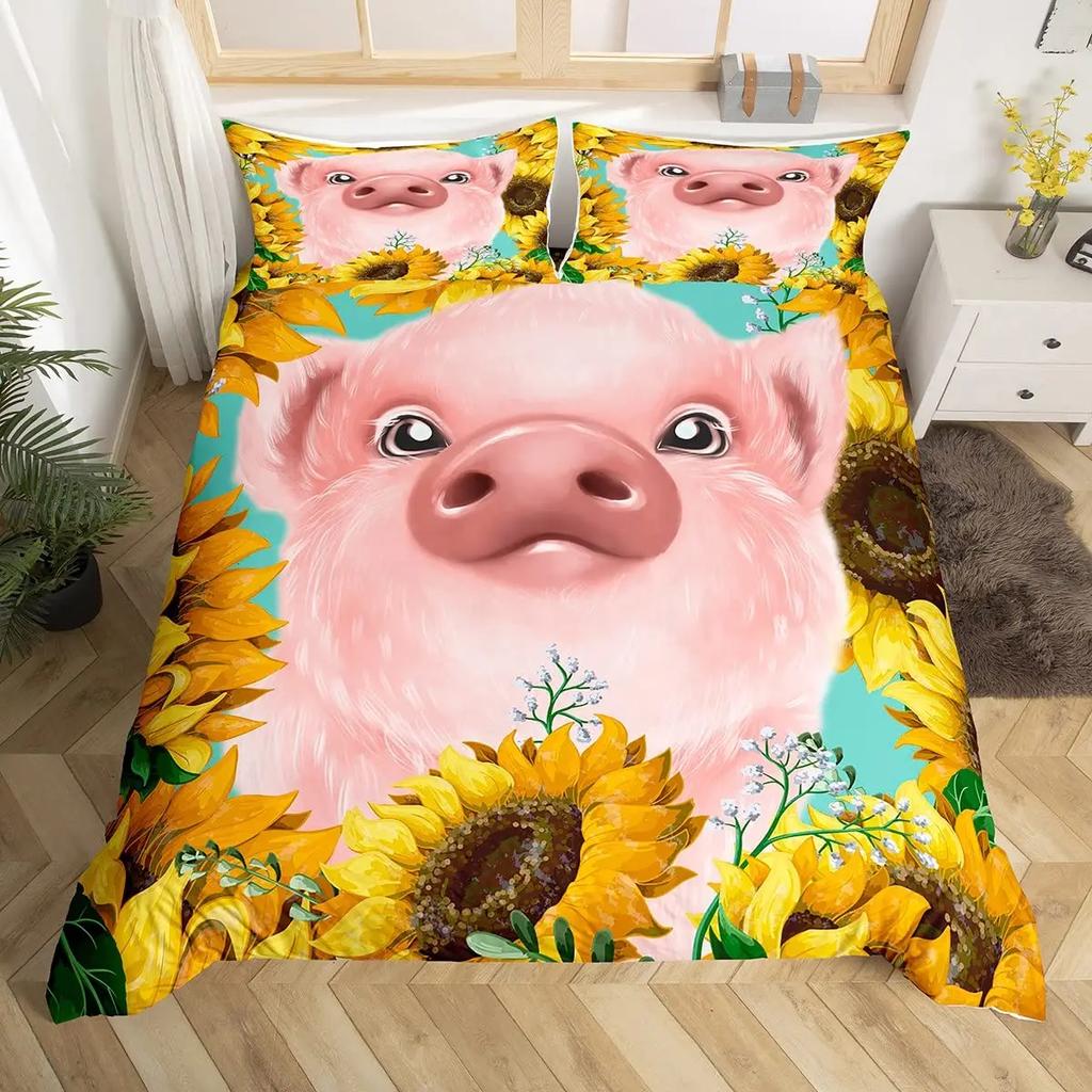 Cute Pig Duvet Cover Set For GirlsSunflowers Florals Comforter Cover Pink Grid Lattice Plaid Bedding Sets Quilt Cover Full Size