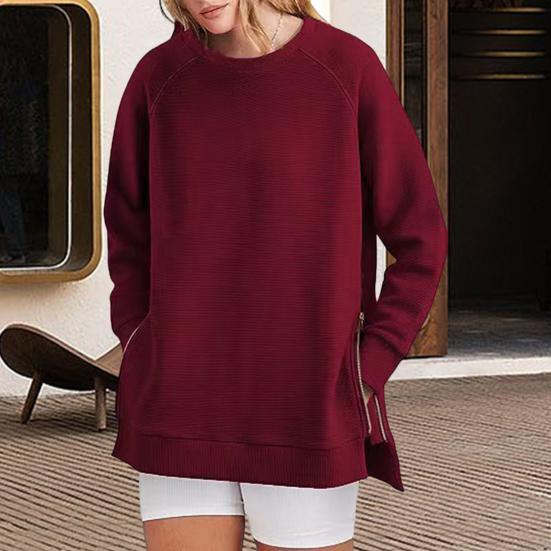 Felpa con Cerniera Laterale Spacco sull'Orlo Girocollo Maniche Lunghe Ampia Polsini Elasticizzati Lunghezza Media Top Primavera Autunno per Sport Abbigliamento Quotidiano