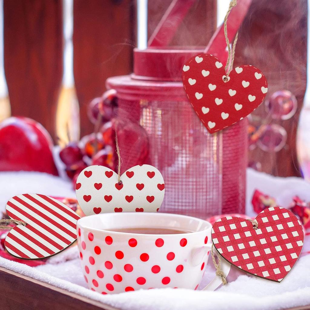 24pcs Rustic Heart Ornaments, Wooden Hearts, Red Pink White for Christmas & Valentine’s Decor, Hanging Home Wall Decoration