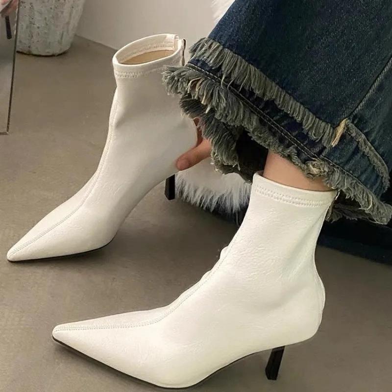 2025 New Autumn Winter Pointed Toe Women Ankle Boots Fashion Zipper Shoes Thin High Heel Women's Morder Short Booties