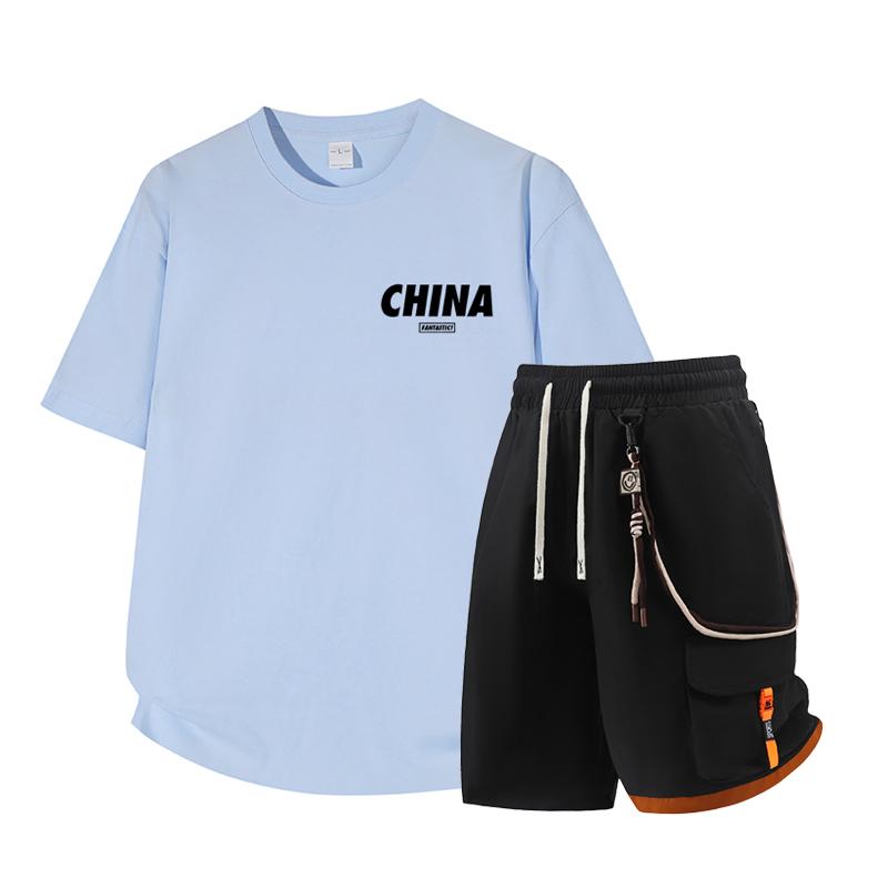 Dmo Men's Short Sleeved Set Summer Short Sleeved Slim Fit Upper Garment Men's Two-piece Set
