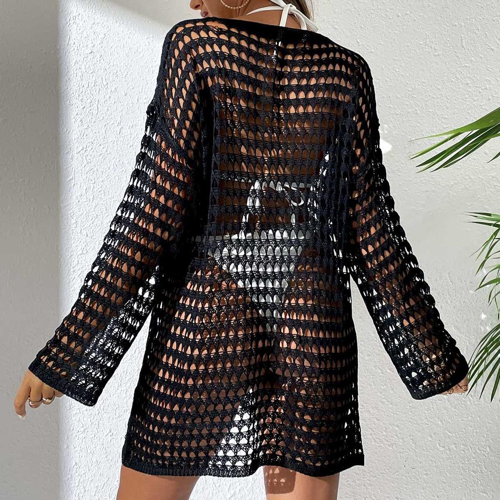 Jersey Sexy de Punto Calado Europeo-Americano: Cubrecostume de Bikini de Manga Larga y Cuello Redondo para Mujer para el Verano