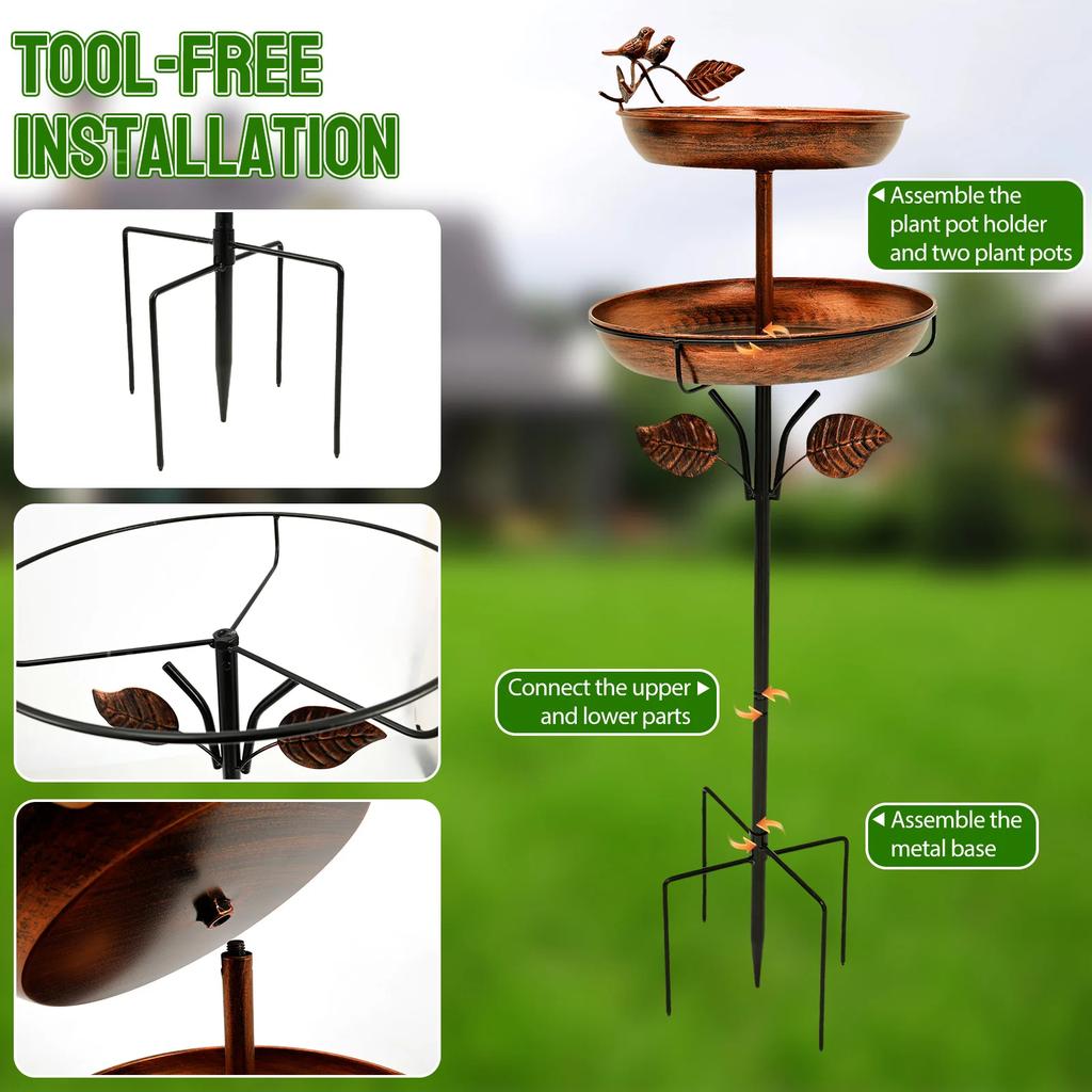 2-Layer Bird Feeder Iron Parrot Bird Birdtub with 5 Pronged Base Large Capacity Feeding Bird Bath Spike for Outdoor Garden Decor