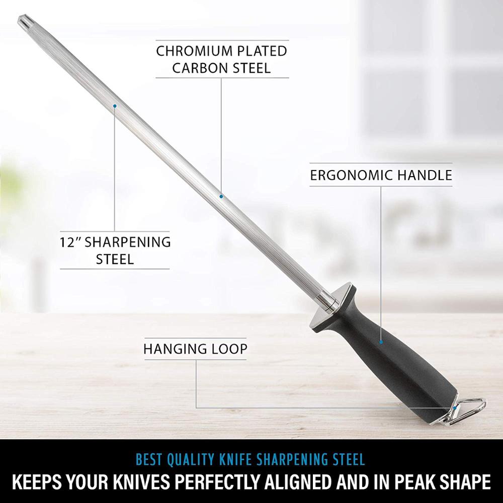 LMETJMA Premium 12 Zoll Messerschärfer Stab Chef Diamant Schleifstab Abziehstab für alle Küchenmesser KC0311