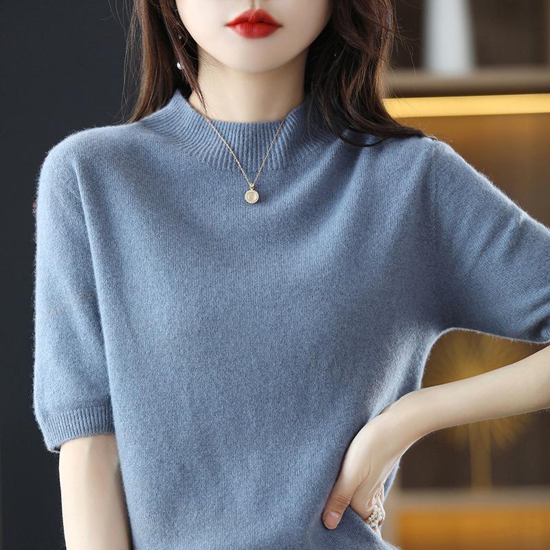 Women's Pure Wool High Neck Knit Sweater with Five-Point Sleeves