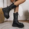 Fashion Punk Gothic Women Boots 2024 Autumn Winter Platform Heightened Lace Up Short Boots Black 6cm Chunky Heel Knight Botas Goth Shoes