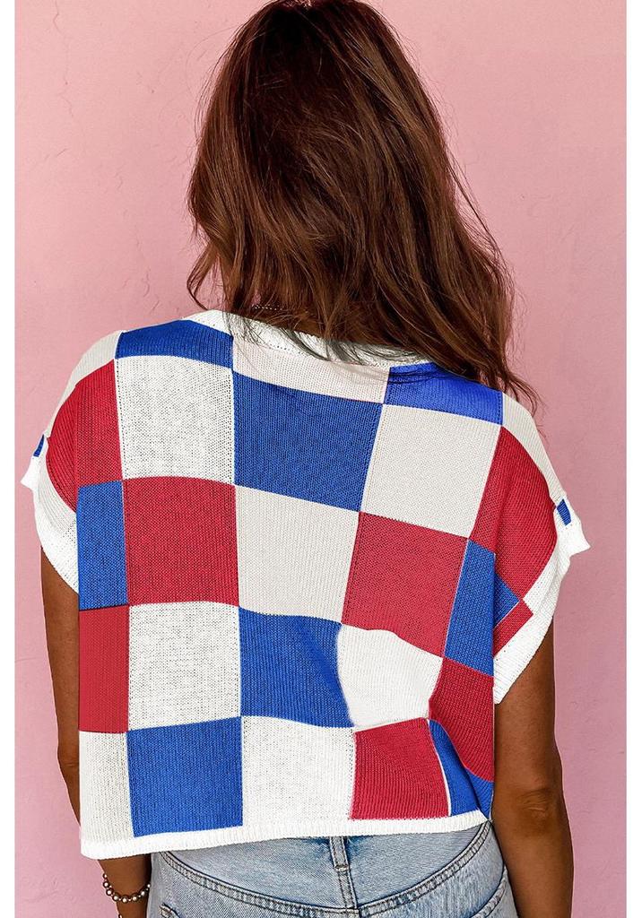 Summer Color Block Round Neck Women's Short Sleeve Pullover Sweater - European & American Fashion Style