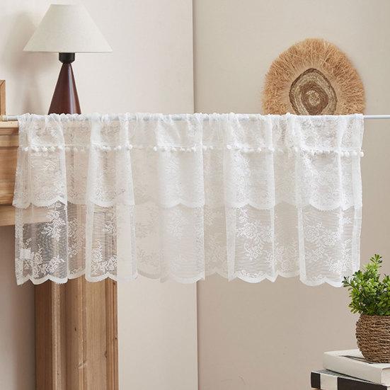 White Lace Window Valance, Sheer Vintage Floral Lace Short Curtain, Light Filtering Valance Curtain with Rod Pocket for Basement Kitchen Window