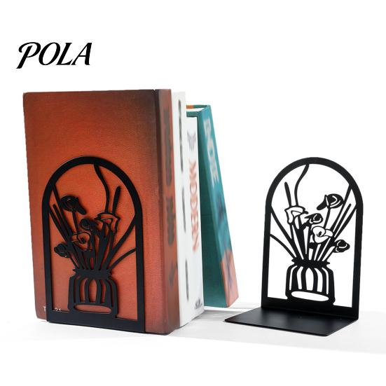 L-shaped Bookend 1 Pair Flower Metal Bookends, Decorative Vase Book Ends for Non-slip Shelves, Black Holder Stopper Home Office Reading Room