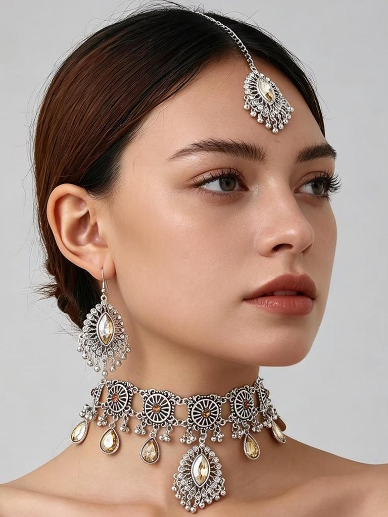 Exotisches Strass-Augen-Quasten-Schmuckset: Halskette, Ohrringe, Stirnanhänger
