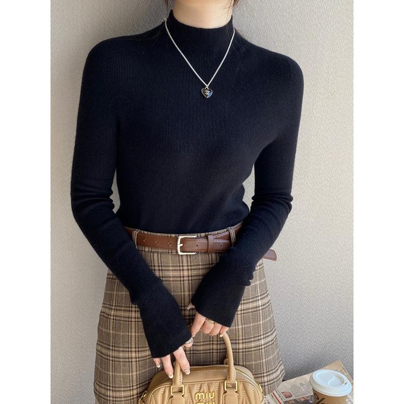 Knitted bottoming shirt for women's spring and autumn new models with gray semi-turtleneck sweater slim-fitting long-sleeved knitted top for women
