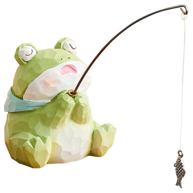 Cartoon Imitation Wood Resin Animal Fishing Ornament Monitor Desktop Office Cute Pet Cute Ornament Small Gift