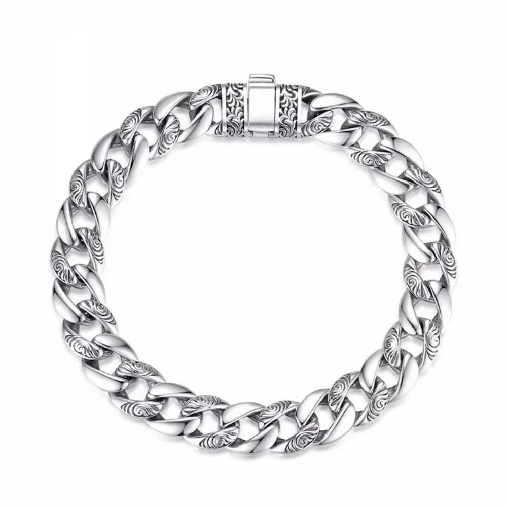 China-Chic Design Solid Tang Grass Pattern Cuban Bracelet Men's Vintage Style Valentine's Day Personalized Versatile Jewelry