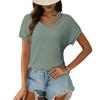 European & American Women's Waffle Knit V-Neck Short Sleeve Shirt