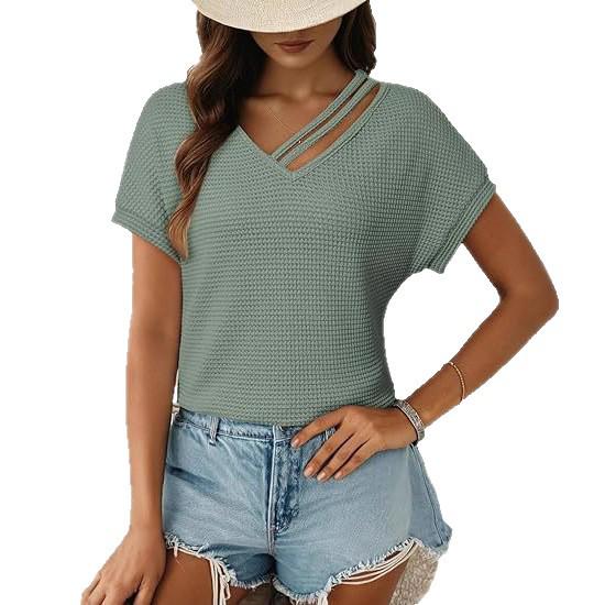 European & American Women's Waffle Knit V-Neck Short Sleeve Shirt