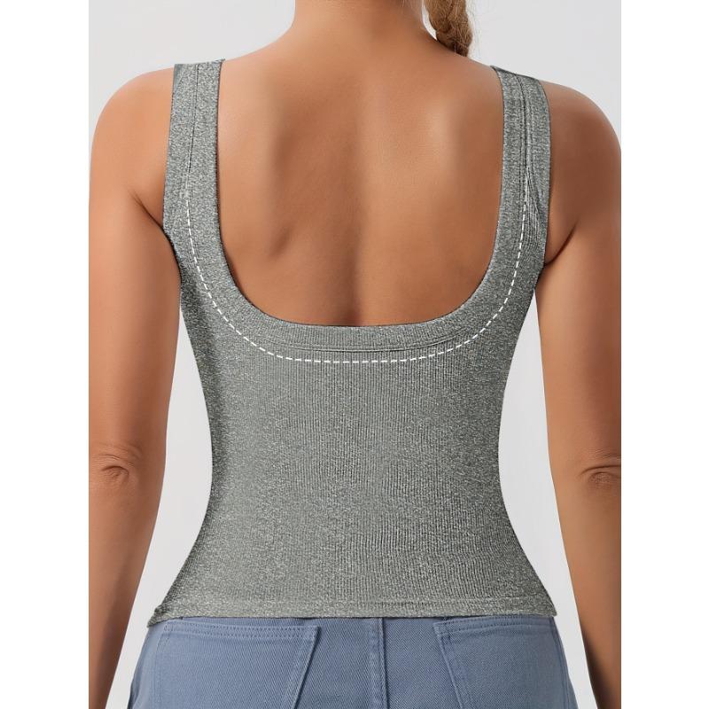 Geripptes Tanktop für Damen in U-Form mit herausnehmbaren BH-Polstern, schmale Passform, einfarbig, lässig, Tanktops innen und außen