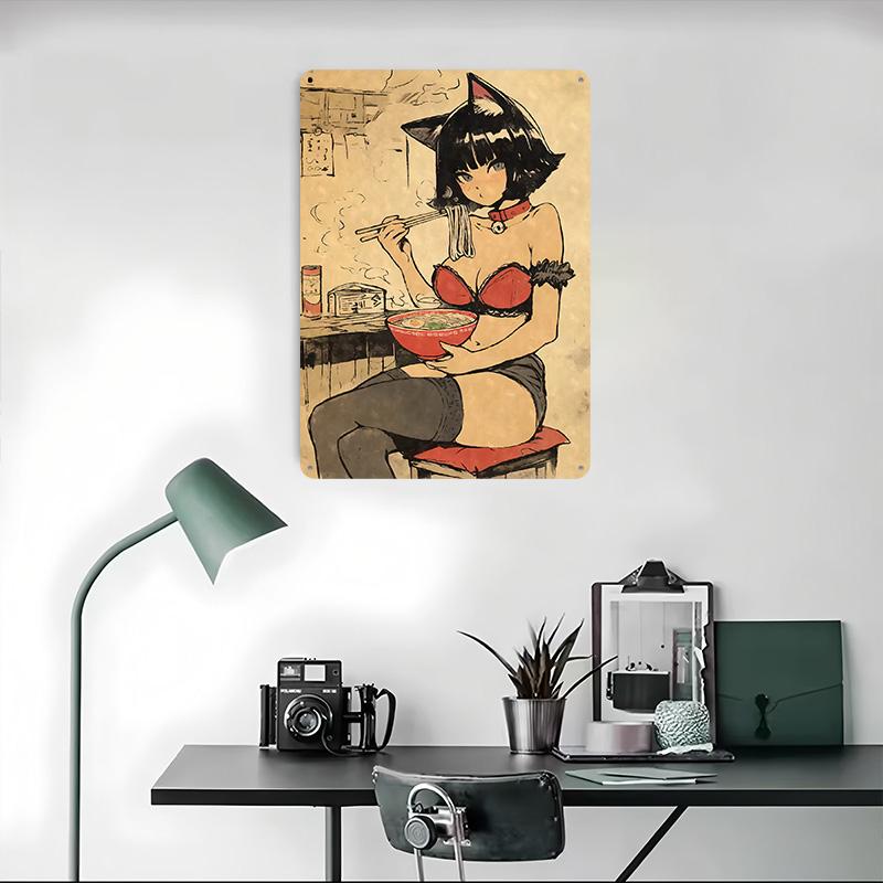 Vintage Anime Catgirl Eating Ramen Tinplate Poster Customized Wall Art Vintage Metal Signs Retro Tin Plaque for Bar Accessories
