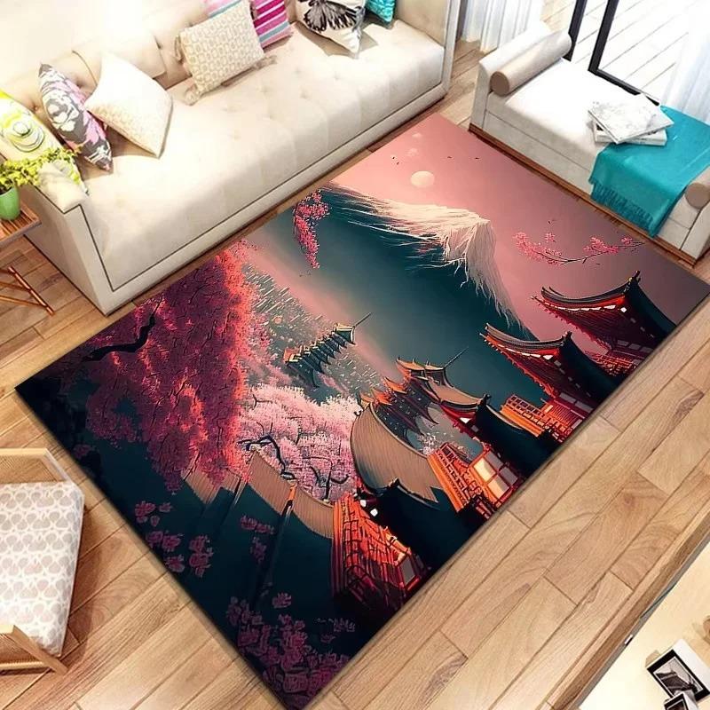 Japanese Landscape Print Rug with Cherry Blossom & Fuji Mountain for Bedroom and Sofa Entryway Decor