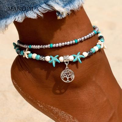 Bohemian Wind Beach Anklet Rice Bead Beaded Versatile Double-layer Versatile Turquoise Love Foot Decoration Women