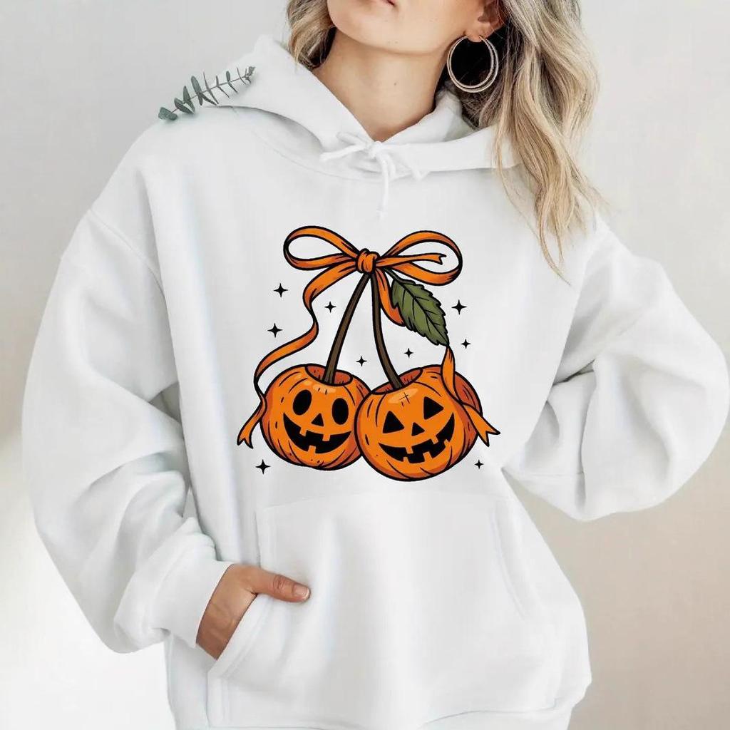 2025 Halloween Pumpkin Cherry Bowknot Hooded Sweatshirt, Casual Loose Fit for Europe and America