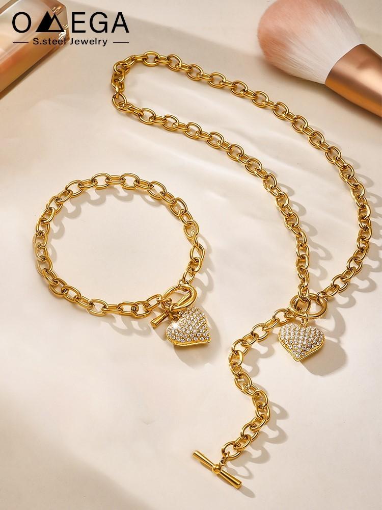 Stainless Steel Chain Necklace Matching Bracelet For Women 18k Gold Plated Non Tarnish Women's Heart Pendant Necklaces Bracelets