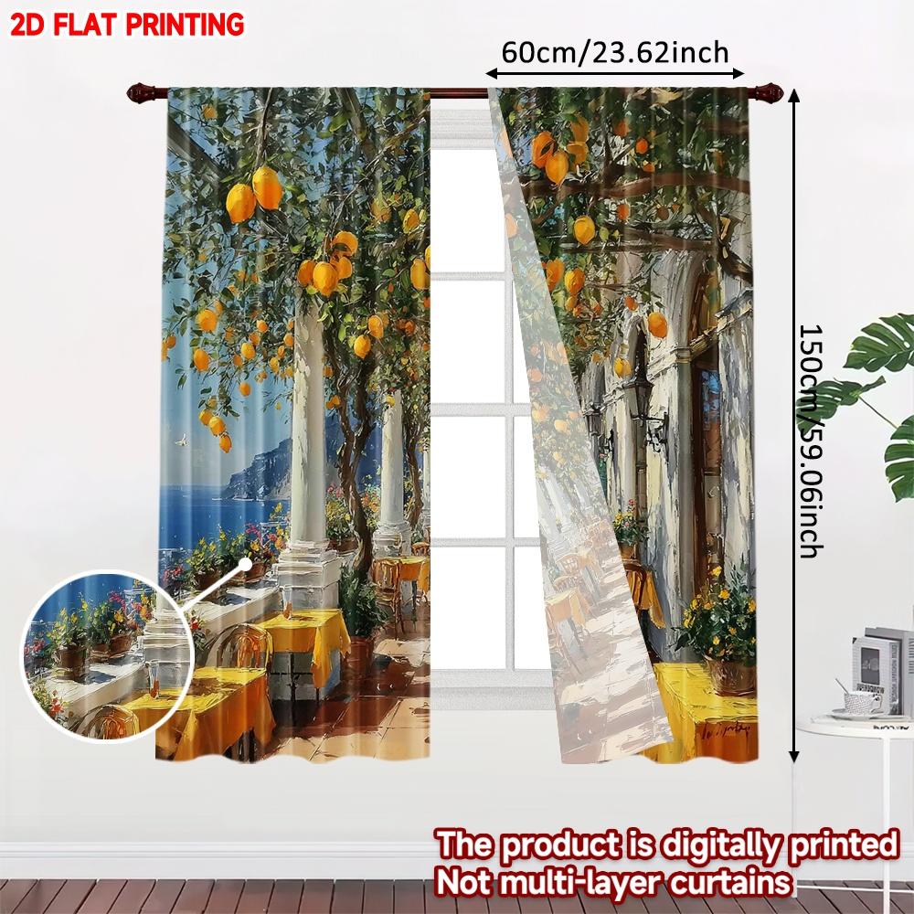 Mediterranean Courtyard Curtains Digital Printing White Columns Orange Trees Blue Sea View Coastal Living Room Decor Set Of 2 Made Polyester