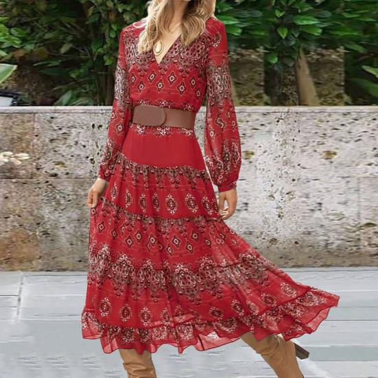 

Женское осенне-весеннее платье с винтажным принтом трапециевидной формы с большим подолом в стиле пэчворк, длинными рукавами, облегающим, с высокой талией и v-образным вырезом, богемное платье до середины икры