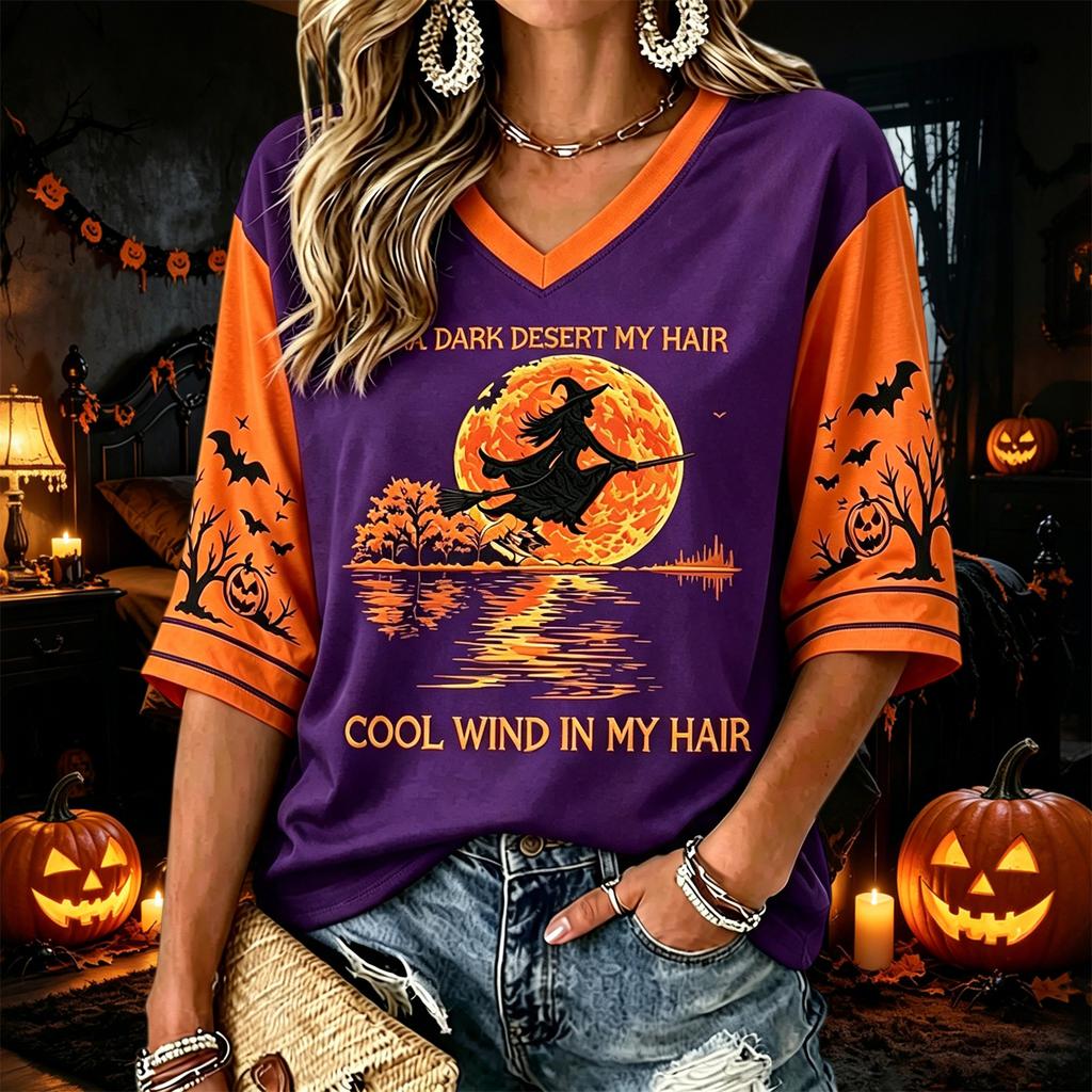 Women's Halloween Print V-Neck T-Shirt Casual Fashion Top