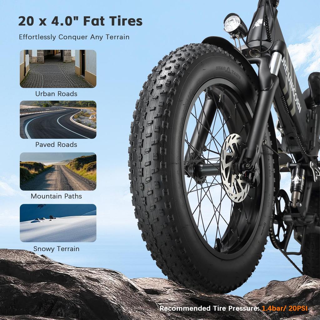 PURE UNICORN U4 Folding Electric Bike 1000W Motor 48V 15Ah Battery 20*4 inch Fat Tires 48km/h Max Speed 60km Range Shimano 7-speed
