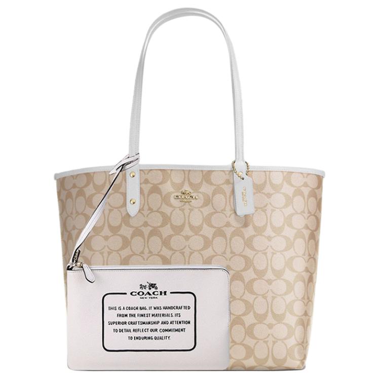 New COACH Canvas With Leather Tote Bag, Shopping Bag, Combo Bag, Handbag, Shoulder Bag Large Women's White & Khaki Monogram 36658-IMDQC