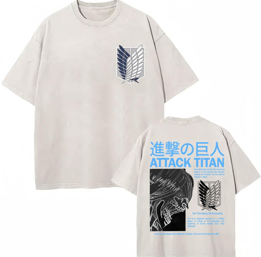 Washed Vintage Anime Attack On Titan Eren Jaeger Skeleton Graphic T Shirt Men Women Cartoon Manga Oversized Tshirts Streetwear
