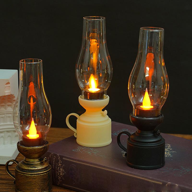 Retro Flameless Candle Holder Candlestick Kerosene Lamp with Button Battery Table Light Vintage Decor Kerosene Lamp