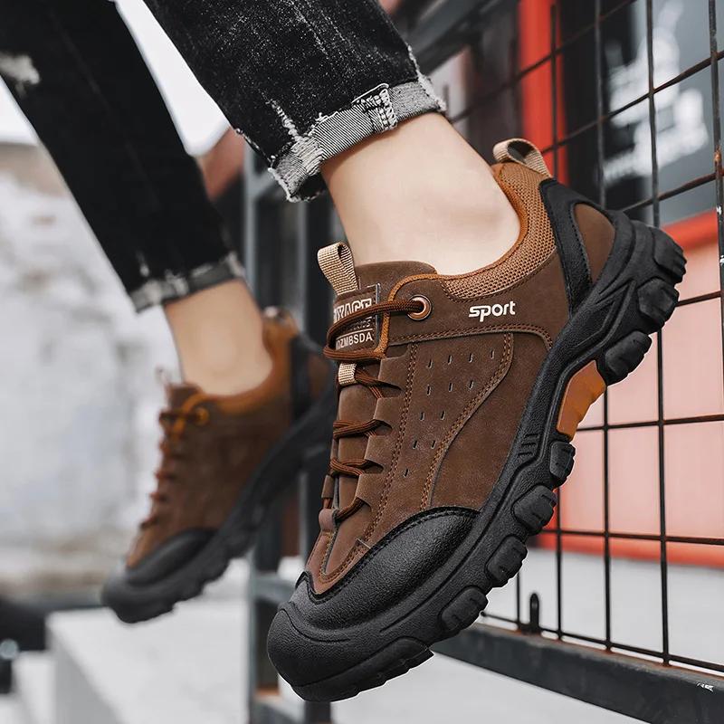 Men's Shoes Fashion Leather Casual Shoes Outdoor Non Slip Hiking Camping Shoes Men's Sneakers Lace Up Work Footwear Large Size46