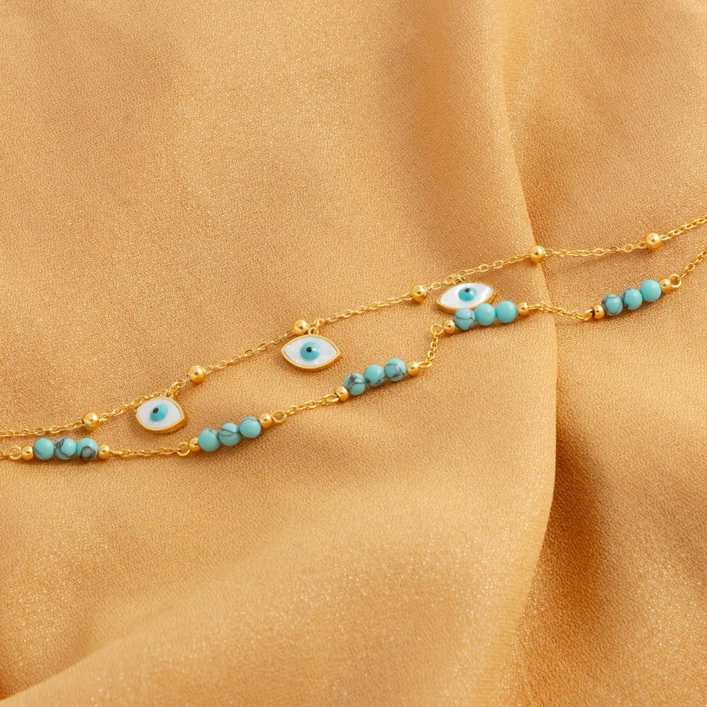 1 Set of Turquoise Inlaid Star Devil's Eye Lady's Ankle Chain Stainless Steel Plated 18K Gold Ankle Layered Chain Chain