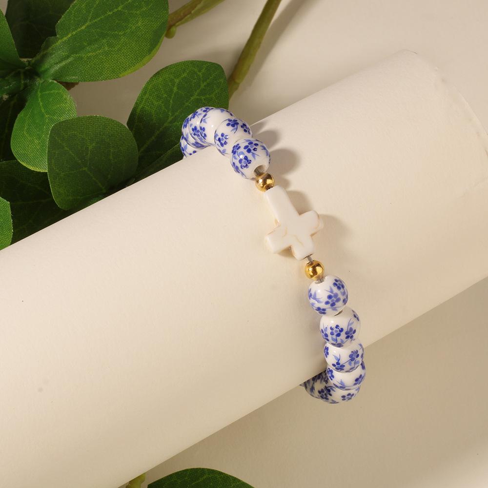 

Vintage Style Ceramic Bead Bracelets, Cross/Medal/Bow/Butterfly Charm Elastic Jewelry