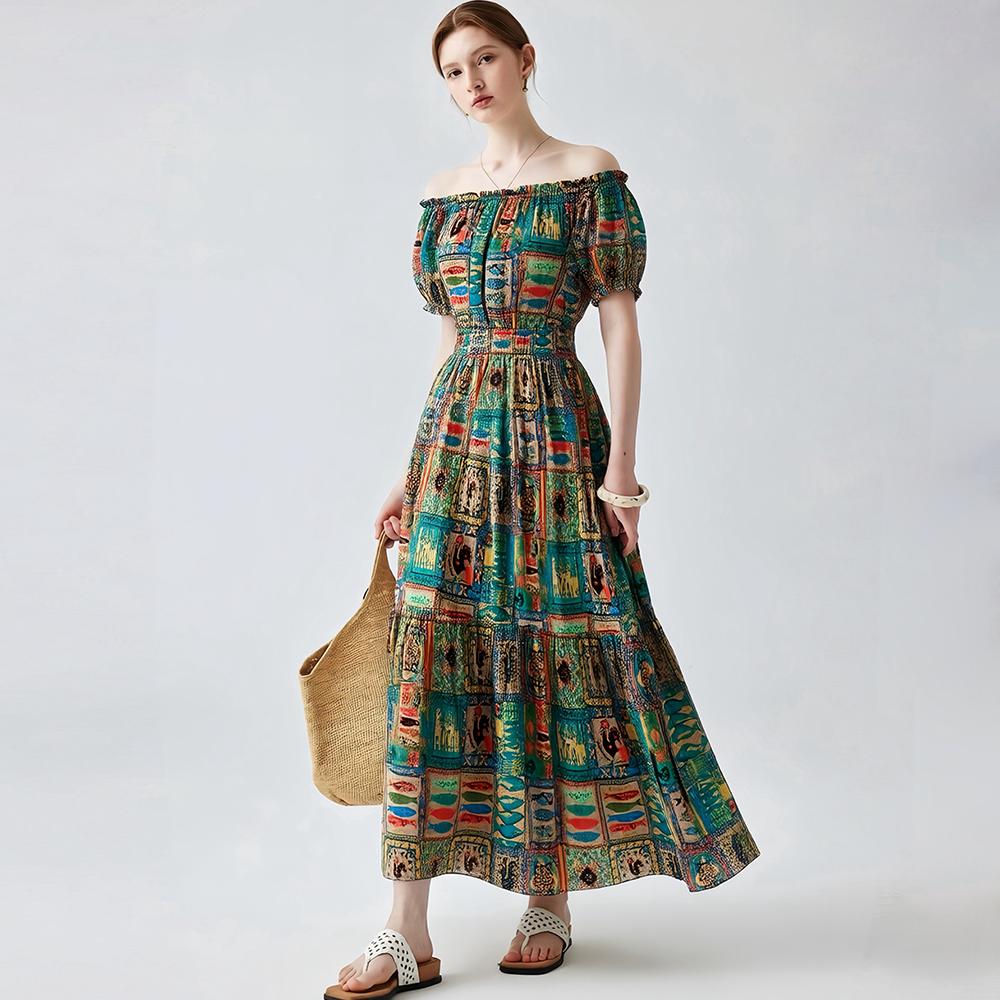 Bohemian Cotton-Silk Floral Printted Off-the-Shoulder French-Style Summer Dress for Women Ethnic-Style Elastic Waistband Pleayed Long Dress