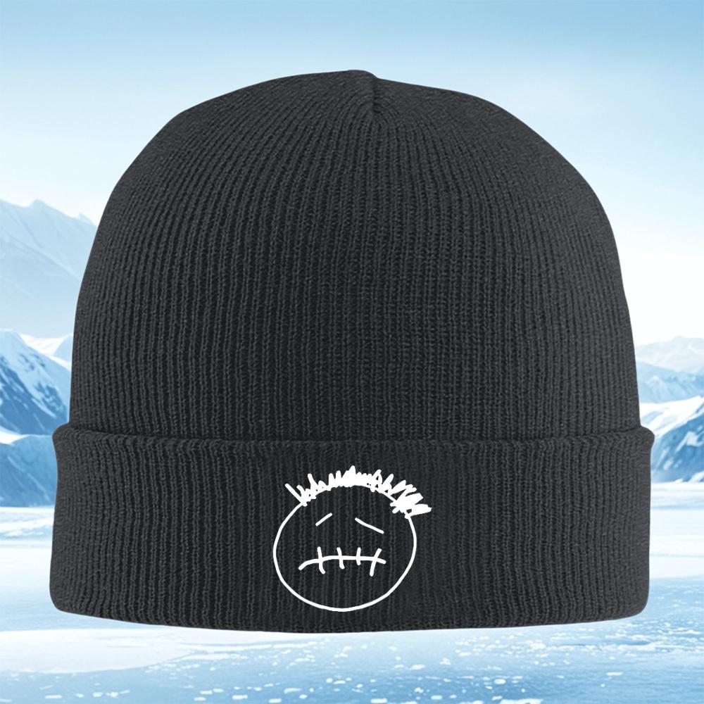 Smiling Face White Hair Black Background Men Women Unisex Knitted Hat Beanie Pullover Cap Winter Thermal Warm Christmas Outdoor