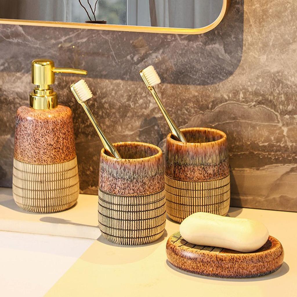 4-Piece Ceramic Bathroom Accessory Set with Tumbler, Lotion Dispenser, and Soap Dish, Stylish Home Decor