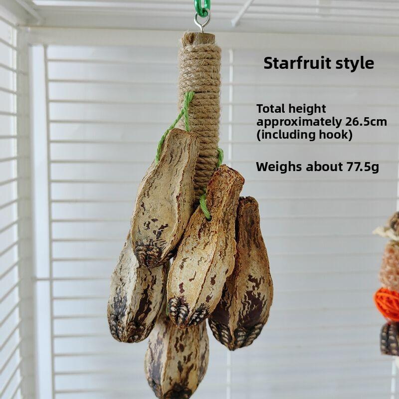 La gabbia per uccelli alla stazione degli uccelli è decorata con carambole e palline di rattan come giocattoli da masticare, per alleviare la noia e mordicchiare fili.