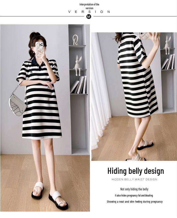 Fairy Striped Polo Maternity Summer Dress - Loose, Retro-Style for Comfort and Elegance
