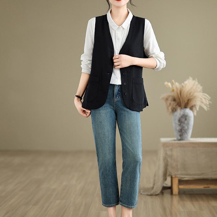 Summer Literary and Artistic Loose Solid Color Cotton and Linen Vest  Plus Size