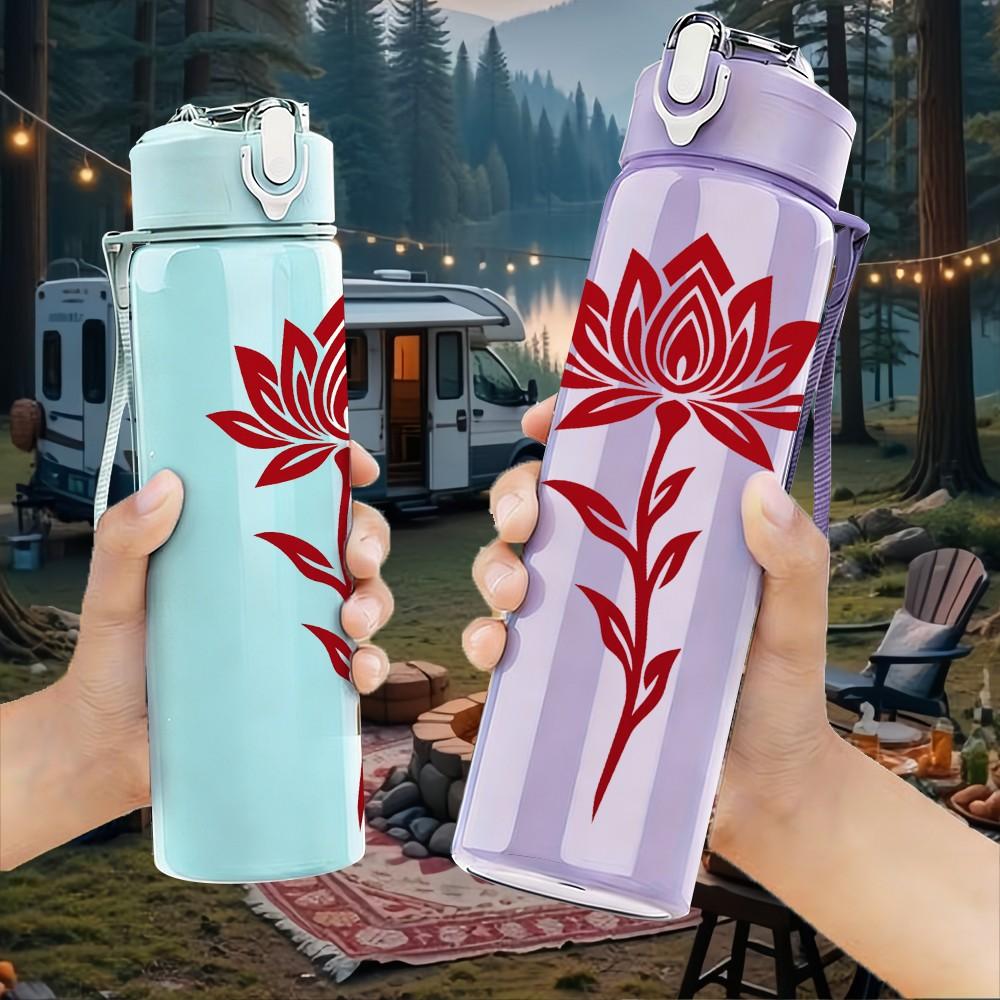 1PC Red Lotus Flower Art 750ml Color Plastic Sports Water Bottle Leakproof Flip Straw Lid Suitable for Sports Office Home Use