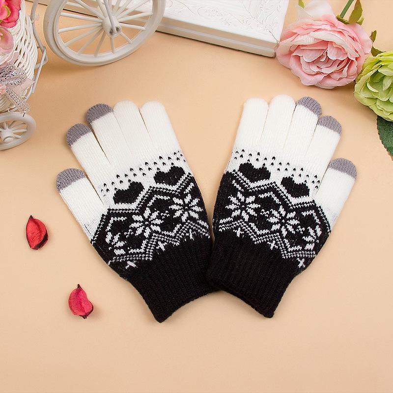 Women's Knitted Snowflake Touch Screen Gloves with Velvet Lining - Warm Wool Winter Gloves