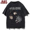 Herren Harajuku Schwarz Gewaschenes T-Shirt Hip Hop Streetwear Grafik T-Shirt Baumwolle Lässiges T-Shirt Sommer Kurzarm Oberteile Japan Anime