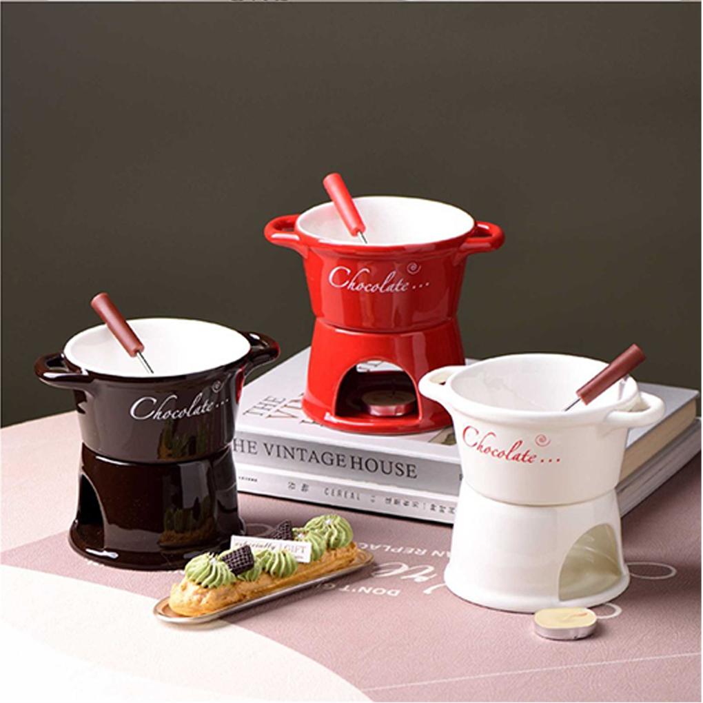 New 300ml Chocolate Fondue Mug with Fork Set Ceramic Butter Warmer Hot Chocolate Melting Cup for Candy Dessert Butter Heater